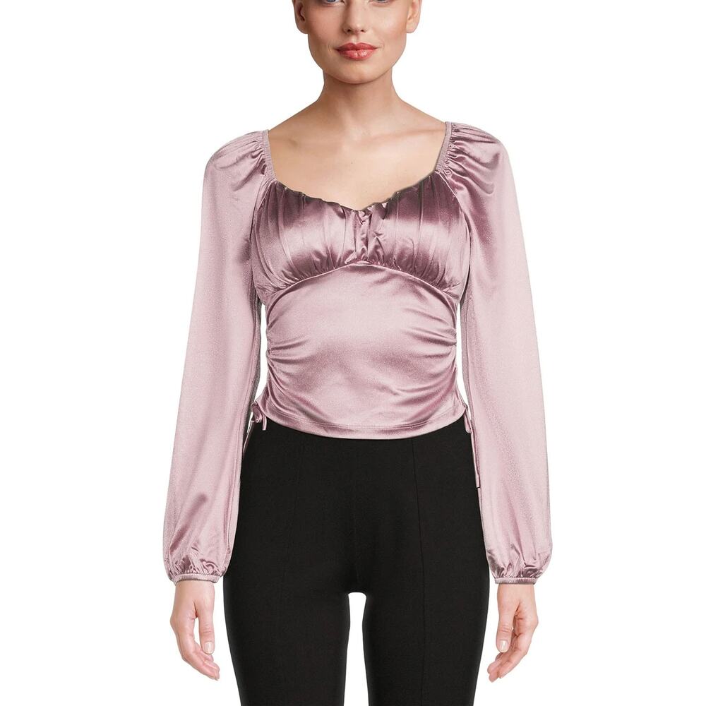 MADDEN NYC Emma‎ Junior's L Purple Satin Ruched Long Sleeve Crop Top Corset Glam